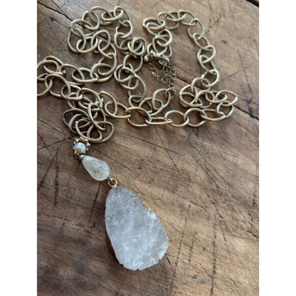 Gold-Tone Chain Necklace With Raw Quartz Pendant & Pearl Accent - Picture 2 of 14